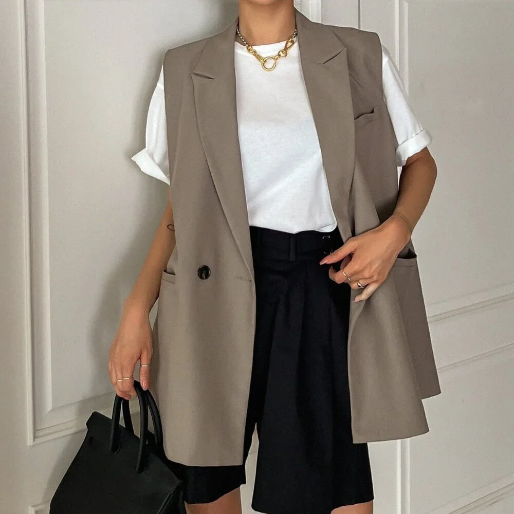 Khaki Casual Women's Double Button Double Pocket Vest Blazer - Picture 2 of 8